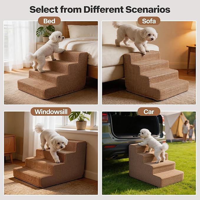 Pawise 4 Step Dog Stairs for Small Dogs Cats, Brown Mesh Pet Steps, Non-Slip Pet Stairs for High Bed Couch, Indoor Portable Dog Ramp with Zipper Bottom for Medium Large Dogs and Puppy