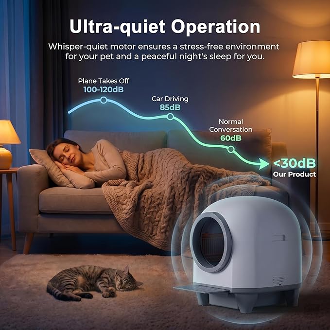 Greesum UltraSmart AutoClean Litter Box - 90L Large Capacity for Multi-Cat Households with Safeguard Tech, APP Control, Odor-Free Design & Mat/1 Roll Litter Bag