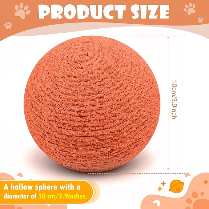 3.94 inch Sisal Cat Ball Toy, Interactive Natural Cat Scratching Ball, Perfect Scratcher for Cats' Exercise and Fun (Orange)