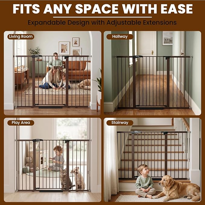 Mumeasy 36" Extra Tall Baby Gate for Doorways, 29.7"-57" Extra Wide Dog Gate for Stairs, Pressure Mounted Auto Close Pet Safety Gate with Easy Walk Thru Door, Large Indoor Child Gate for House, Brown