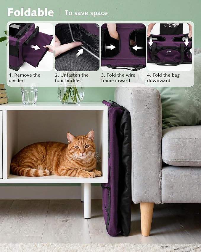 Pecute Dual Compartment Pet Carrier for Multi-Cat Families & Small Dog Owners, Collapsible Dog Crate with Reinforced Steel Frame, Car Safety Design for Travel, Vet Visits & Home Use, Purple