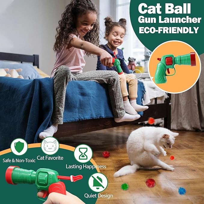 82Pcs Cat Toys Gun Launcher,Cat Toy Ball Launcher Gun，Cat Toy Launchers，Low Noise Interactive Cat Ball Launcher Gun，30 Pcs Sparkle Pom Pom Balls for 50Pcs Pom Pom Balls
