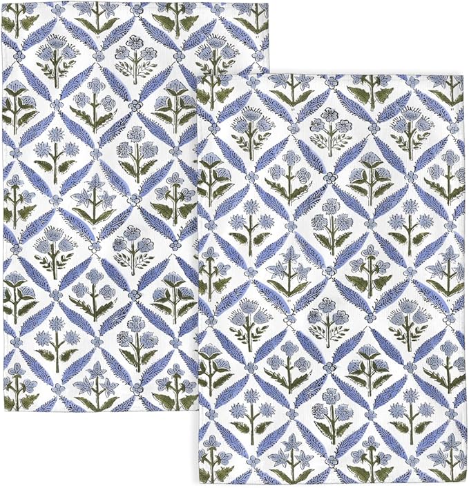 Blue Sage Green Block Print Kitchen Towels Vintage Floral Dish Towel 16×24 Inch Soft Absorbent Spring Summer Flowers Hand Cloths Decorative for Kitchen Drying Set of 2
