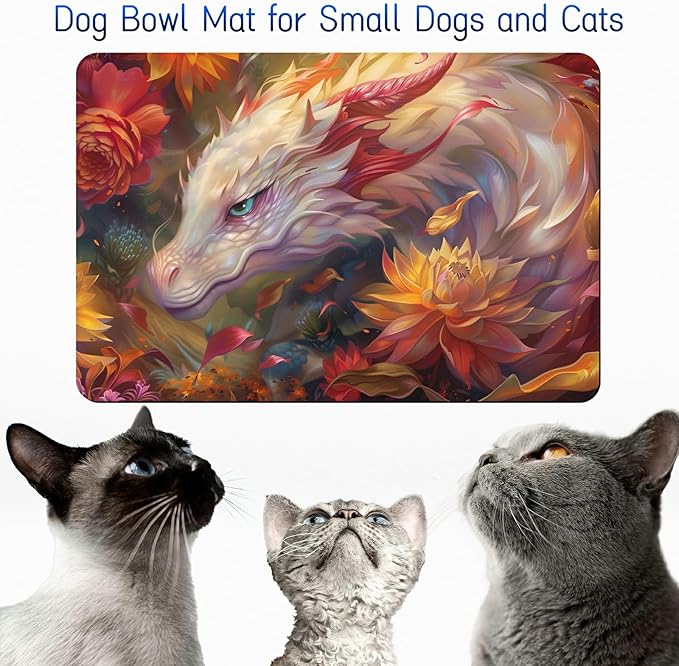 Dog Food Mat, 15.7" x 23.6" Absorbent Pet Feeding Mat for Food and Water, Waterproof Diatom Mud Pet Placemat with Non-Slip Rubber Backing, Cat Bowl Mat for Floors - Pink White Dragon
