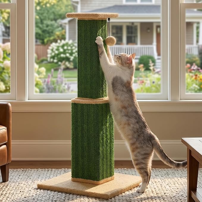 PAWZ Road Carpet Cat Scratching Post 32” Tall Scratching Post for Indoor Cats Adults Ultimate Scratch Post with Carpet, Large Base and Removable Dangling Ball- Green