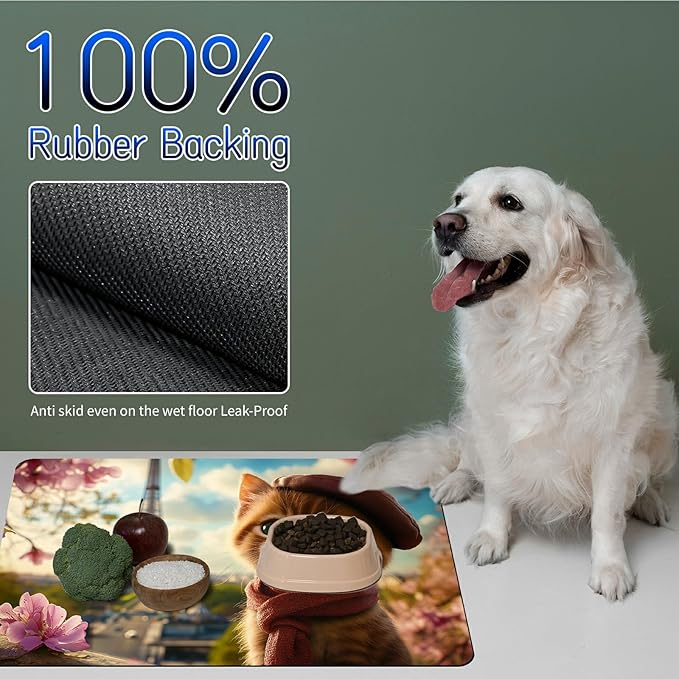 Dog Food Mat, 15.7" x 23.6" Absorbent Pet Feeding Mat for Food and Water, Waterproof Diatom Mud Pet Placemat with Non-Slip Rubber Backing, Cat Bowl Mat for Floors - Pink Flower Kitten