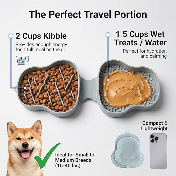 Collapsible Dog Travel Bowl with Lid, Portable Slow Feeder & Lick Mat Combo, Mess-Free Clamshell Silicone Water Dish for Hiking (Green)
