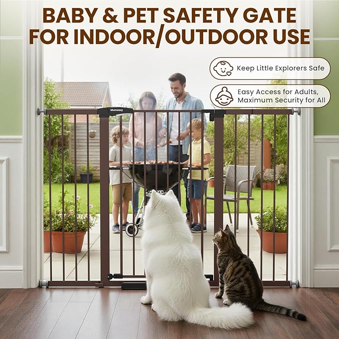 Mumeasy 36" Extra Tall Baby Gate for Doorways, 29.7"-57" Extra Wide Dog Gate for Stairs, Pressure Mounted Auto Close Pet Safety Gate with Easy Walk Thru Door, Large Indoor Child Gate for House, Brown