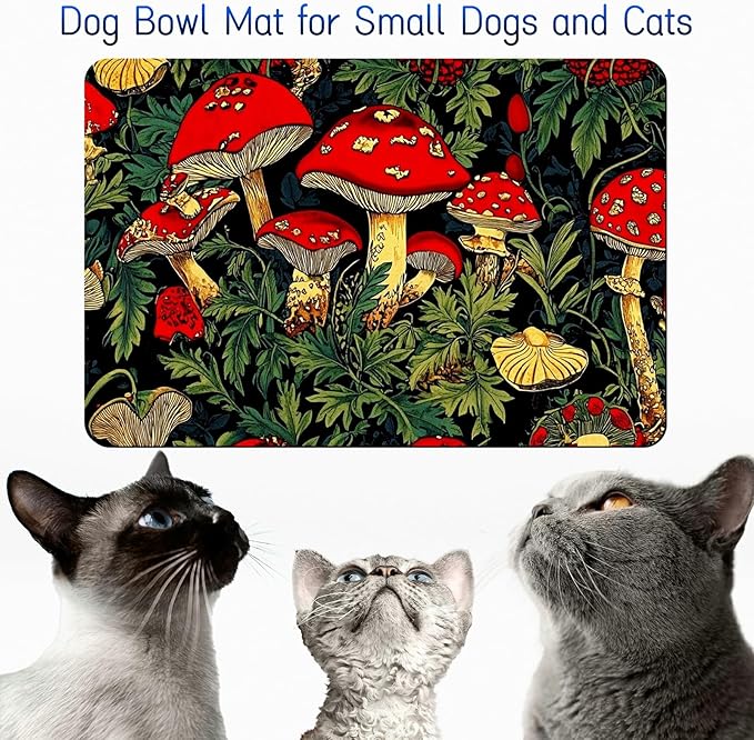 Dog Food Mat, 15.7" x 23.6" Absorbent Pet Feeding Mat for Food and Water, Waterproof Diatom Mud Pet Placemat with Non-Slip Rubber Backing, Easy Clean Cat Bowl Mat for Floors - Red Art Mushroom