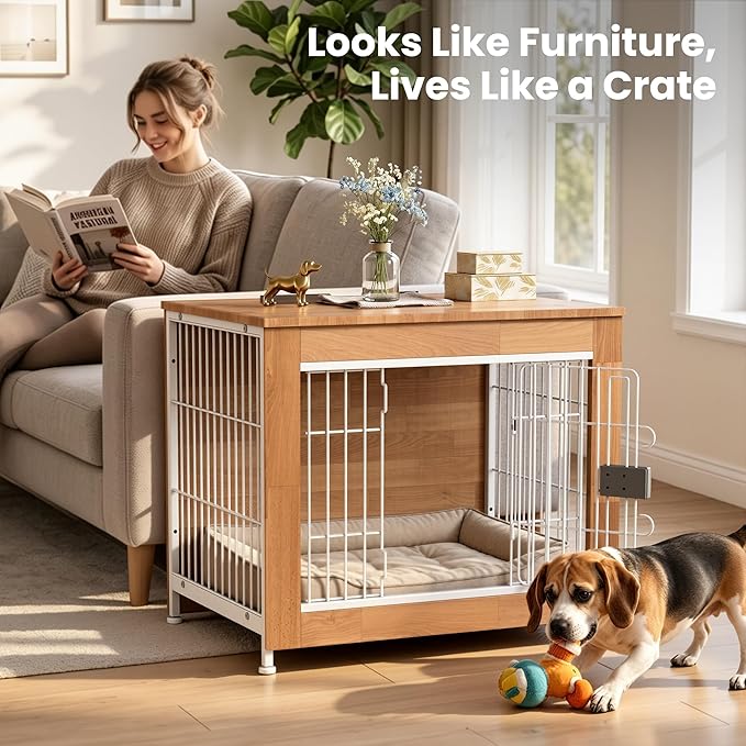 Wooden Dog Crate Furniture, 27in Dog Cage Furniture with Slide Safety Latch, Indoor Decorative End Table for High Anxiety Dogs, Furniture Style Dog Crate for Small to Medium Dogs, Oak