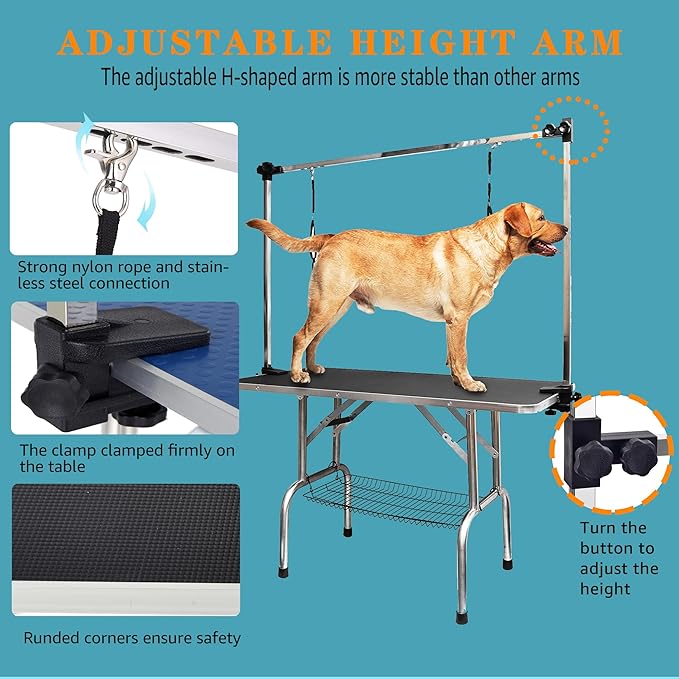 Professional Dog Pet Grooming Table Adjustable Heavy Duty Portable w/Arm & Noose & Mesh Tray (42", Black)