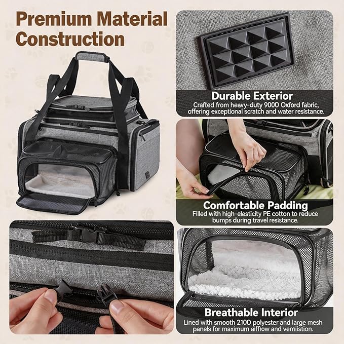 Cat Carrier Soft Sided, Expandable Pet Carrier for Medium Small Pets, Collapsible Travel Carrier with Hard Shell, 360° Panoramic Mesh, Washable Waterproof Pad | – 17.3×13.8×9.4 (Gray)