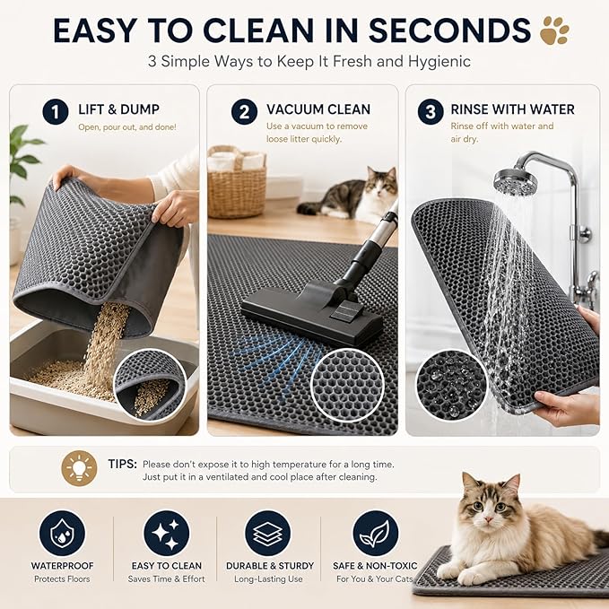 Cat Litter Box Mat Double Layer Trapping Mat Easy-Clean Waterproof Urine Proof(Gray 30x22in)