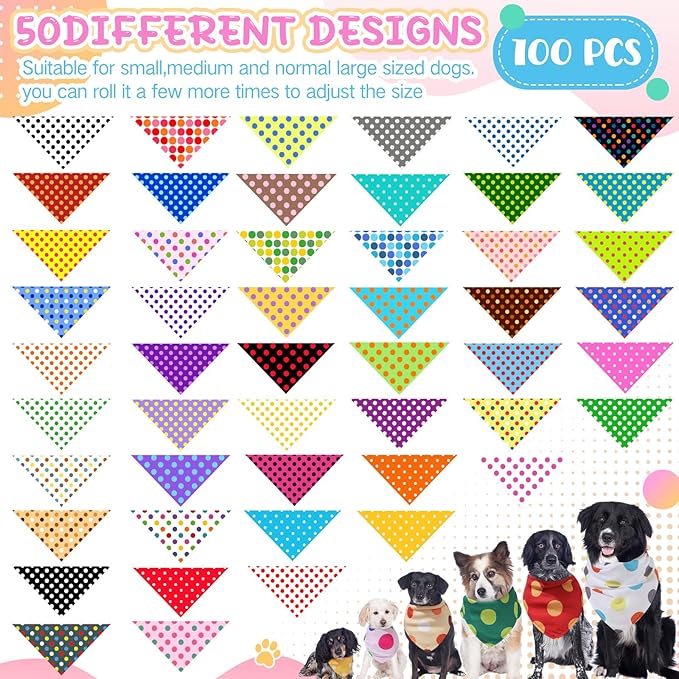 Sweetude 100 Pcs Polka Dot Dog Bandanas Bulk Dog Triangle Scarf Pet Bibs Adjustable Cat Outfit Washable Cat Accessories Grooming Supplies Costume for Small to Medium Girl Boy Pet