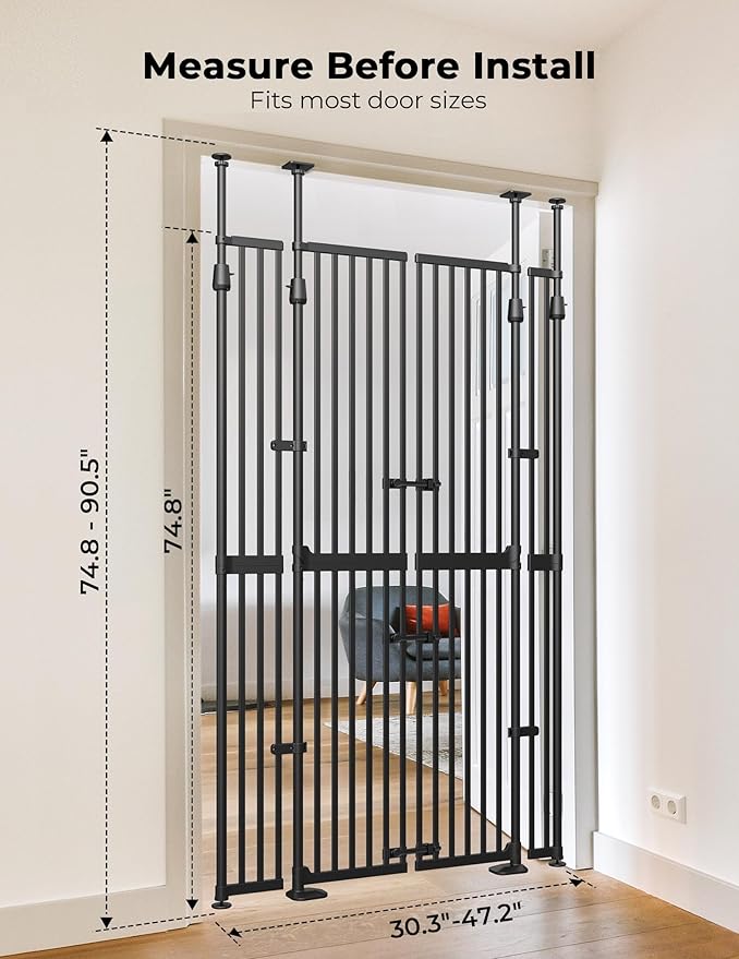 Extra Tall Cate Gate for Doorway: Pressure Mount 74.8"-90.5" Tall Cat Gate for Pets in Extra 30.3"-47.2" Width No Wall Drilling No Toddler for Indoor Stairs Hallway Room Safety Barrier