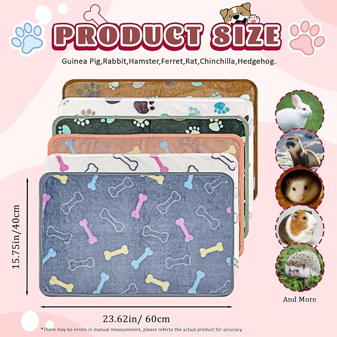YedsIntu 6 Pcs Washable Guinea Pig Blankets Absorbent Small Animal Fleece Bedding Cage Liners Reusable Pet Pee Pad Sleep Mat Pad Cover for Hamster Ferret Rabbit Chinchilla Hedgehog (Grey, 16" x 24")