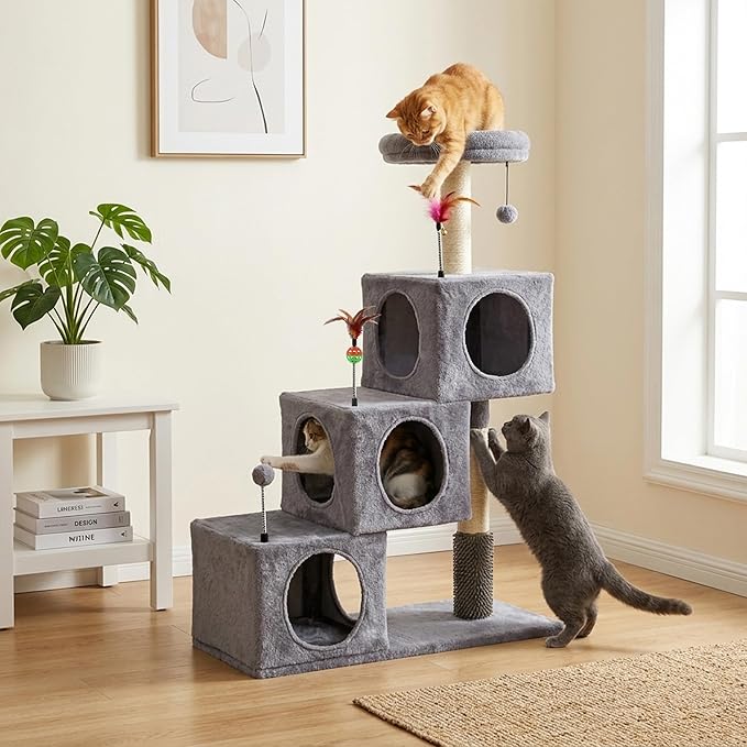 Cat Tree Tower for Indoor Cats, Cat Tree with 3 Spacious Cat Houses & Condos, Full Sisal Scratching Posts and Cat Scratcher Toys，Grey