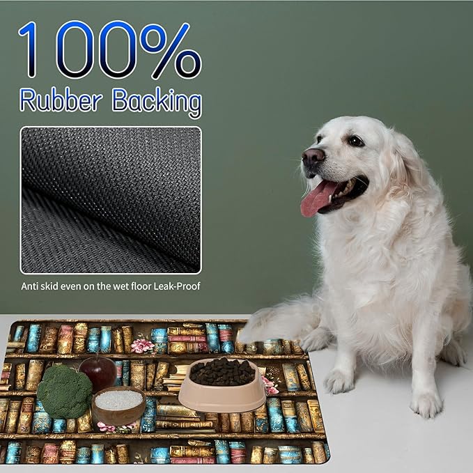 Dog Food Mat, 19.6" x 23.6" Absorbent Pet Feeding Mat for Food and Water, Waterproof Diatom Mud Pet Placemat with Non-Slip Rubber Backing, Easy Clean Cat Bowl Mat for Floors - Book Blue