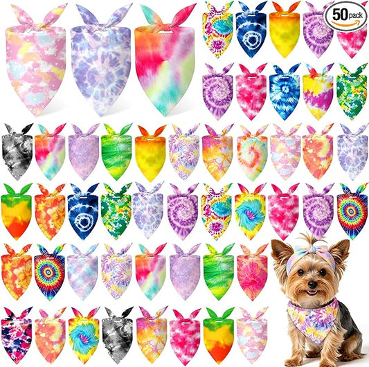 Abbylike 50 Pieces Tie Dye Dog Bandanas Bulk Colorful Hippie Pattern Dog Bandanas for Dogs Triangle Kerchief Scarf Bibs Set for Pets Summer Party Costume Accessories, 25 Styles (19.7 x 13.8 x 13.8)