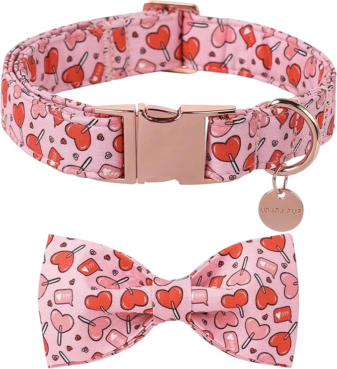 Valentine’s Day Dog Collar with Bow Tie, Pink Heart Bowtie Collar with Metal Buckle, Valentine’s Day Gift Pet Collar for Puppy Girl Boy Dog or Cat, Wedding Dog Collar, L, Neck 16-24in