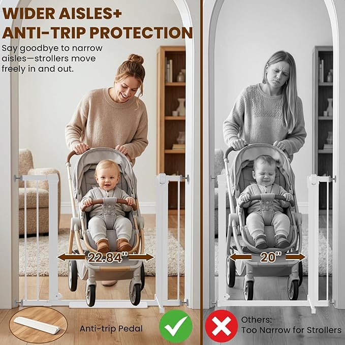 Mumeasy 29.7-40.6" Baby Gate for Stairs, Auto Close Dog Gate for Doorways, Pressure Mounted No Drill Pet Gate with Easy Walk Thru Door, Double Lock, White