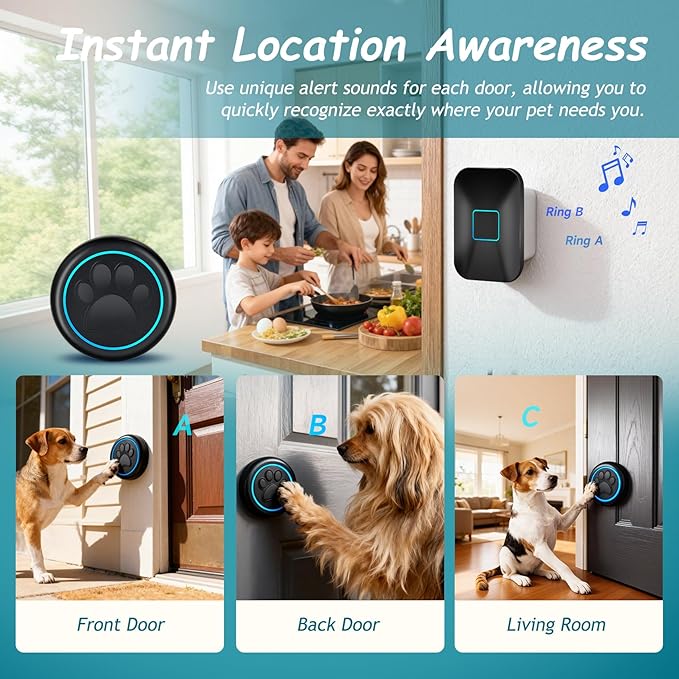 Halo Paw Smart Dog Door Bell – Touch-to-Ring BK Dog Bells to Go Outside, LED Light Wireless Dog Buttons & Dog Clicker for Communication, Waterproof Bell for Dogs to Ring to Go Potty(2 Chimes & 1 Bell)