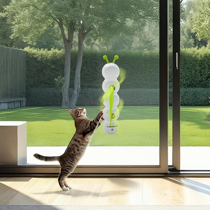 ALL FOR PAWS Interactive Cat Toy for Indoor Cats, Automatic Motion Activated Fluffy Tail Cat Toy, Electric Teaser Wand for Kittens & Bored Cats, USB Rechargeable Caterpillar Toy with Suction Cup