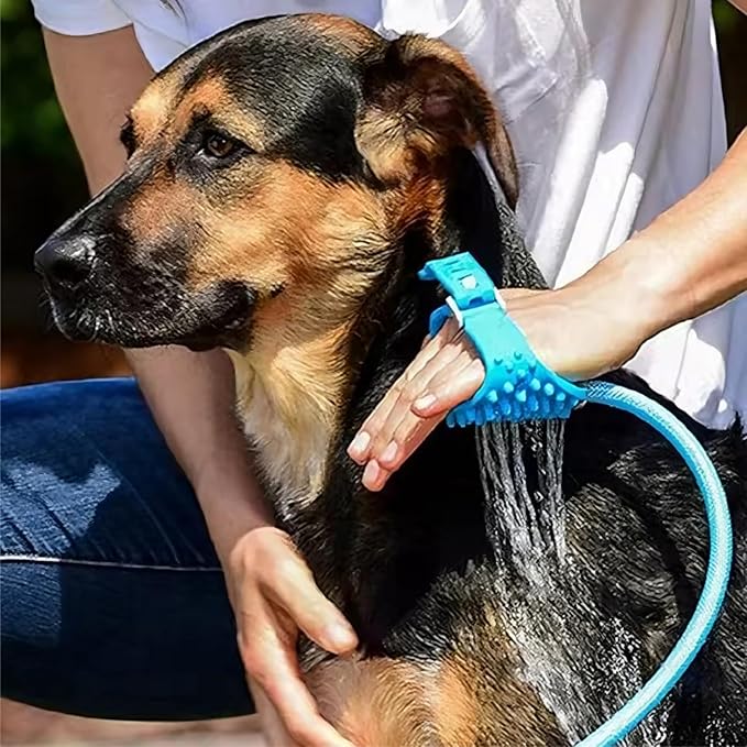 Pet Shower Brush Sprayer Dog Bath Sprayer Cat Grooming Tool – Adjustable Wrist Strap, Multi-Spray Modes, Flexible Hose – Faucet Attachment for Pet Bathing, Massage Bristles for Anxiety Relief