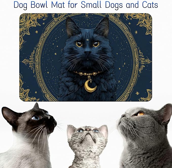 Dog Food Mat, 19.6" x 23.6" Absorbent Pet Feeding Mat for Food and Water, Waterproof Diatom Mud Pet Placemat with Non-Slip Rubber Backing, Easy Clean Cat Bowl Mat for Floors - Black Cat Moon