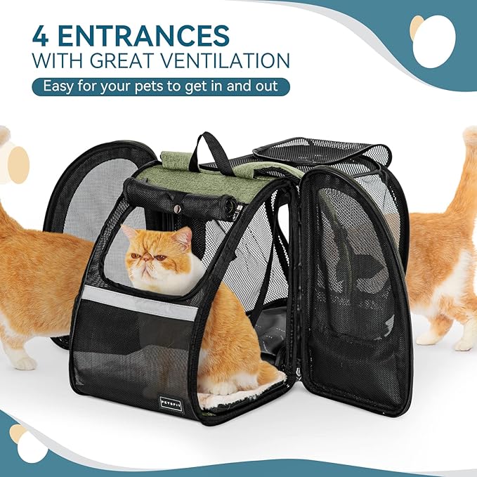 Petsfit Expandable Pet Backpack Carrier for Cats & Small Dogs up to 18 lbs – Foldable Travel Backpack with Mesh Ventilation & Lockable Zippers for Hiking, Camping – Green