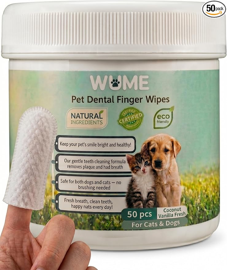 WUME Coconut Vanilla Fresh Pet Dental Finger Wipes for Dogs & Cats, Pet Breath Freshener & Toothbrush Alternative, Natural Coconut & Vanilla, 50 Count