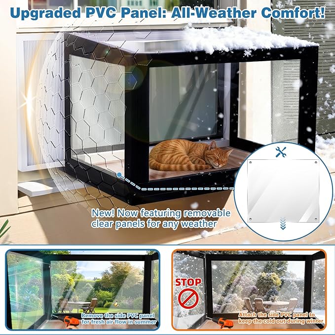 FunXplore Cat Window Box Weatherproof Catio Outdoor Cat Enclosure Perch with Side Detachable PVC Panels Bug-Proof Wire Grid Fits Double Hung Frames 25.4" to 43.3" Wide Sunbathing Napping Overlooking