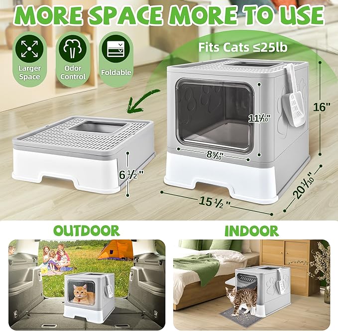 Covered Cat Litter Box with Litter Mat, Foldable Extra Large Dual Entry Adjustable Door, Drawer Design Enclosed Kitty Litter Box, Odor Control Anti-Splashing Easy Cleaning (Light Grey)