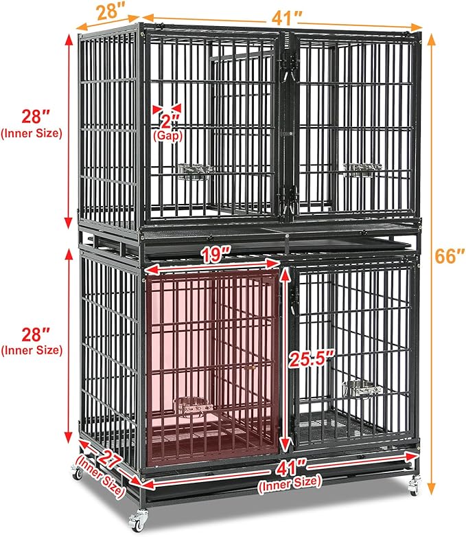 Homey Pet 43 Inch Two Tiers Dog Crate Cage Kennel with Divider, Stackable Heavy Duty Dog Crate for Large Dogs, Escape Proof Indestructible Dog Kennel Indoor with Removable Tray, Lockable Wheels
