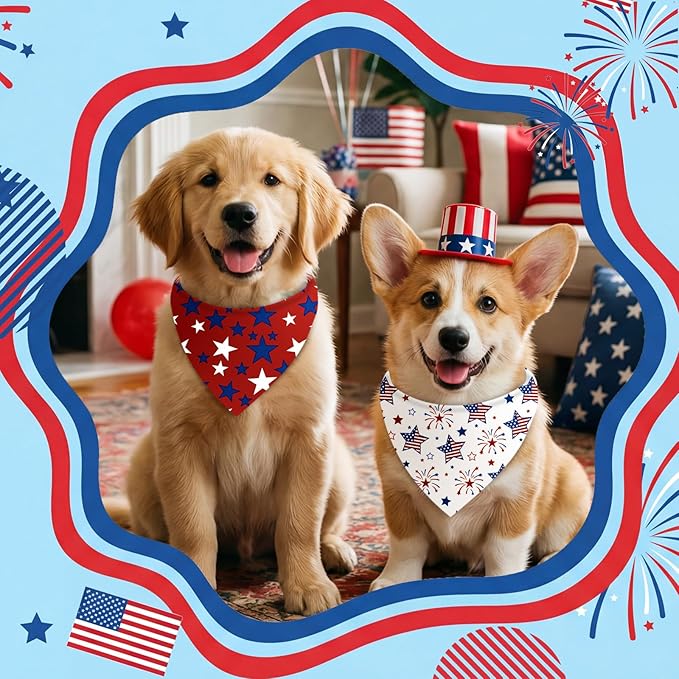 Weewooday 50 Pcs 4th of July Dog Bandanas Bulk for 250th Anniversary Patriotic Red White and Blue Triangle Scarf for Memorial Independence Day Small Medium Large (Star, 25.6 x 17.7 x 17.7 Inch)