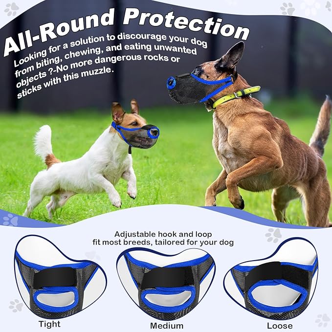 Dog Muzzle, Soft Air Mesh Muzzles for Medium Sized Dogs, Breathable Dog Mussels for Scavenging Biting Licking & Barking, Adjustable Mouth Guard with Front Opening, Allows Panting and Drinking(Blue,M)