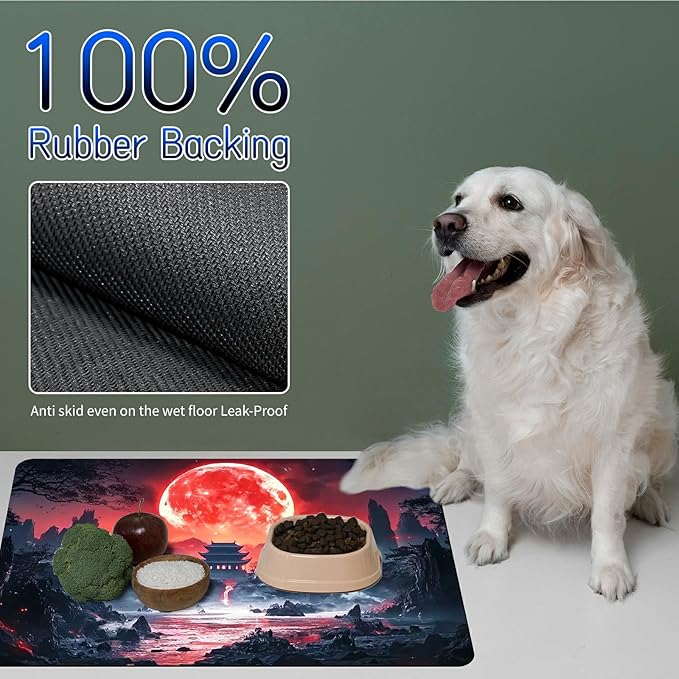 Dog Food Mat, 15.7" x 23.6" Absorbent Pet Feeding Mat for Food and Water, Waterproof Diatom Mud Pet Placemat with Non-Slip Rubber Backing, Cat Bowl Mat for Floors - Mountain Range Sunset