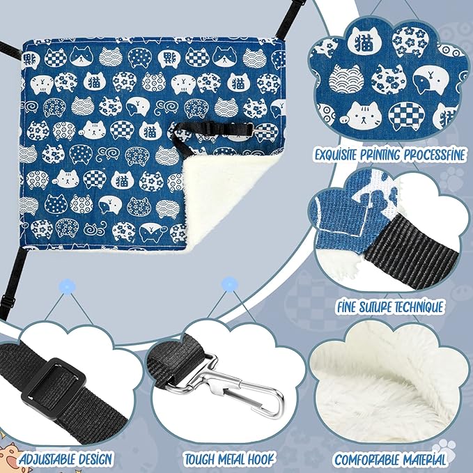 BBTO 3 Pcs Reversible Pet Hammock Soft Plush Cat Hanging Hammock Guinea Pig Bed Rat Cage Accessories for Puppy Dog Piggy Kitten Ferret Rabbit Other Small Animals(Cat)