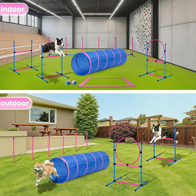Dog Agility Course Backyard Set, Dog Agility Equipment, Pet obstacle Course Backyard with 6 Dual Mode Weave Poles, 2 Adjustable Hurdle, Jump Ring, Tunnel, Pause Box, Toy Balls and 2 Carrying Bags,Pink