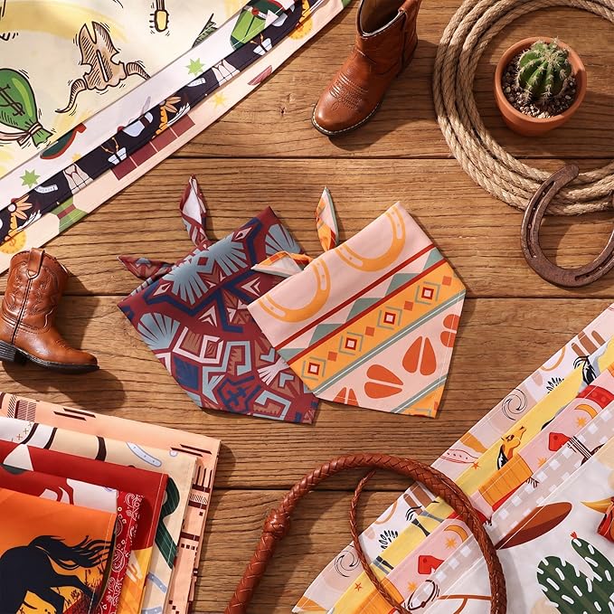Huhumy 100 Pcs Cowboy Dog Bandanas Bulk Pet Bibs Colorful Triangle Scarf Western Pet Bandanas for Medium Large Dogs Western Cowboy Halloween Party Costume Decor