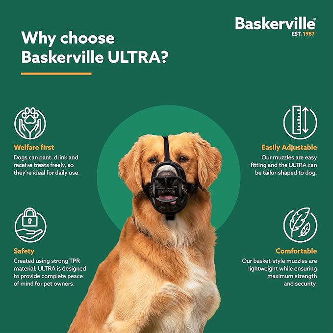 Baskerville ULTRA Muzzle - Patented Humane Design, Breathable, Dog can Pant and Drink, Adjustable, Padded, Training Muzzle for Medium-sized Dogs, Prevents Biting, Wildlife Scavenging (Size 4, Black)