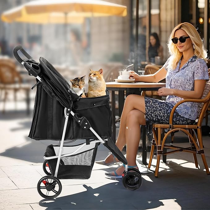 NEWBULIG 3 Wheel Pet Stroller for Dogs and Cats, Foldable, Lightweight and Durable for Small to Medium Pets, Includes Storage Basket and Cup Holders