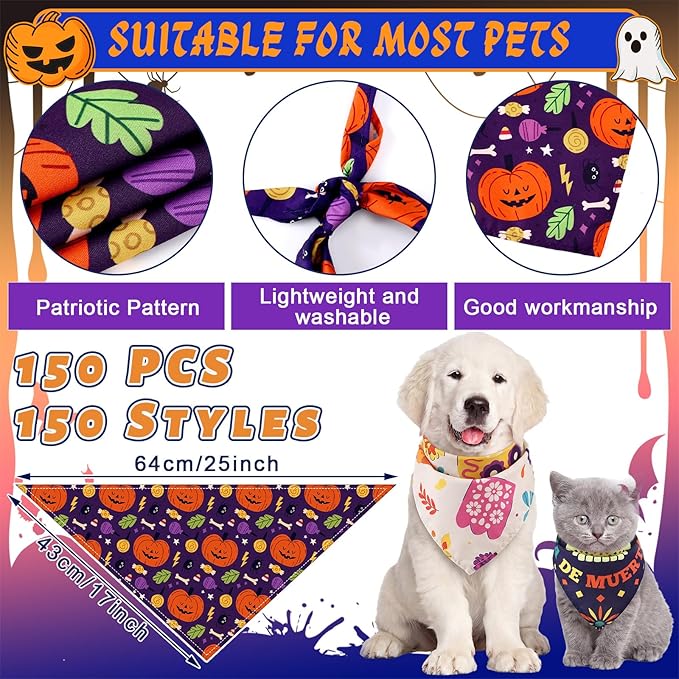 Huhumy 150 Pcs Halloween Dog Bandanas Bulk Pet Bibs Colorful Triangle Scarf Pet Bandanas for Medium Large Dogs Halloween Party Costume Decor