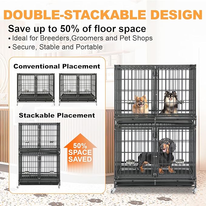 Homey Pet 43 Inch 2 Tiers Dog Crate Cage Kennel with Divider, Stackable Heavy Duty Dog Crate for Large Dogs, Escape Proof Indestructible Dog Kennel Indoor with Removable Tray, Lockable Wheels(4 Packs)