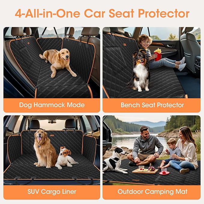 Dog Car Seat Cover for Back Seat, 100% Waterproof Heavy Duty Pet Seat Cover Hammock with Side Flaps, Nonslip Scratchproof Car Seat Protector for Cars and SUVs (Black)