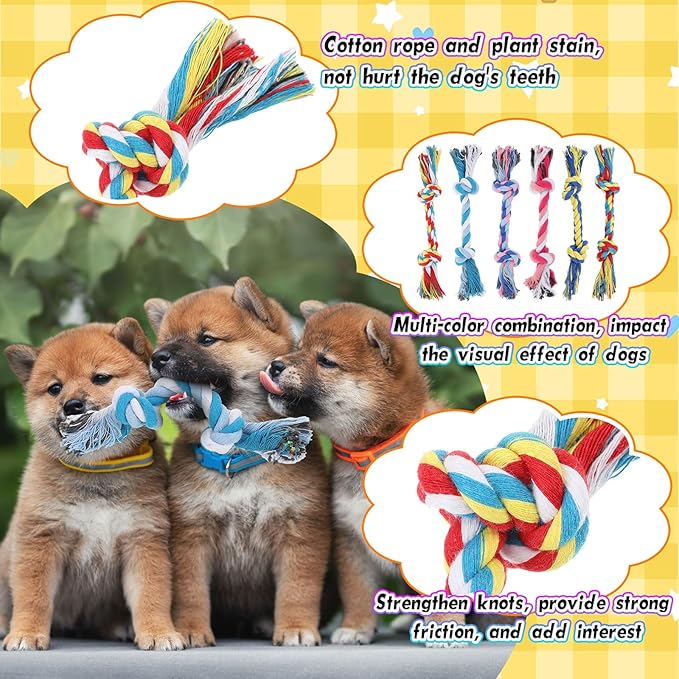 RoundFunny 100 Pcs Knot Rope Dog Toys Multi Color Puppy Chew Toy Cotton Puppy Dental Teething Toys 2 Knot Dog Tug for Small and Medium Dogs Aggressive Chewers Supplies