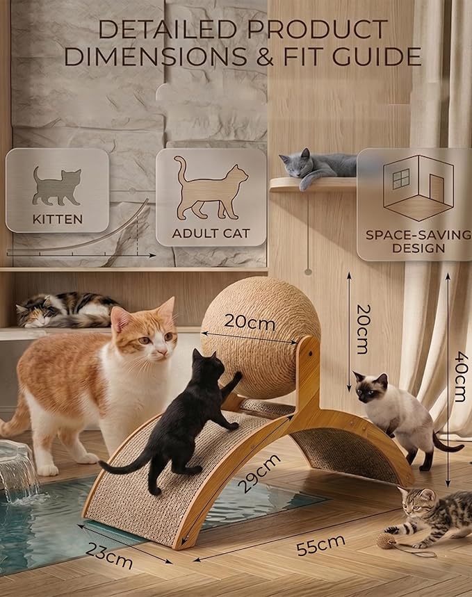Wobble Ball Cat Scratcher, Cat Scratching Ball on Stand, 2-in-1 Interactive Cat Scratcher with 360° Rotating Sisal Ball & Arch Bridge, Solid Wood for Indoor Cat Kittens - Protects Furniture & Rugs (S)