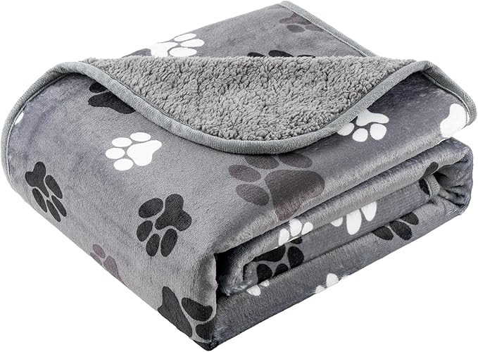Waterproof Dog Blankets Pet Blanket 50"x60", Soft Fluffy Sofa Car Bed Protector, Reversible Sherpa Fleece Dog Blanket for Large Dogs(Dark Grey-Paws)