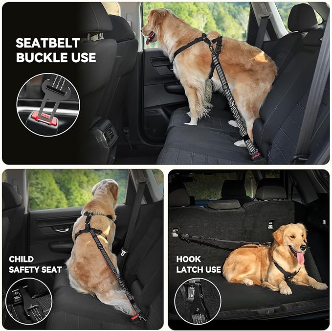 Pawaboo Dog Seat Belt Harness for Car, Dog Car Harness Seatbelt with Double Clips, Adjustable Breathable Pet Vest & Dogs Safety Tether with Elastic Bungee for Small Medium Large Pet, XL, Black