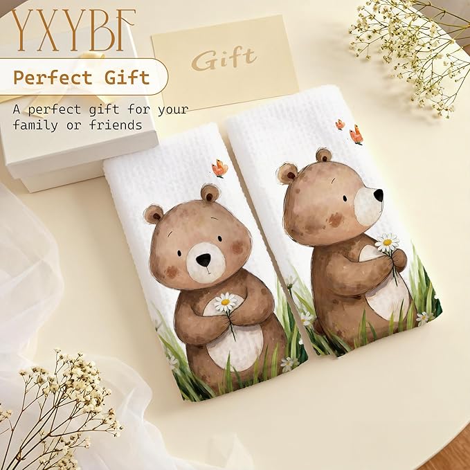 Spring Floral Bear Hand Towels for Kids Bathroom Washroom Decor 16x24 Inches, Gifts for Bear Lovers, Cute Forest Animal Kids Bathroom Towels Decorative, Set of 2